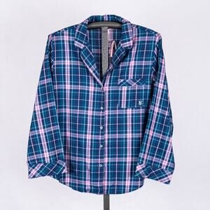 Victoria's Secret Blue & Pink Plaid Long Sleeve Button Up Pajama Top Size LARGE